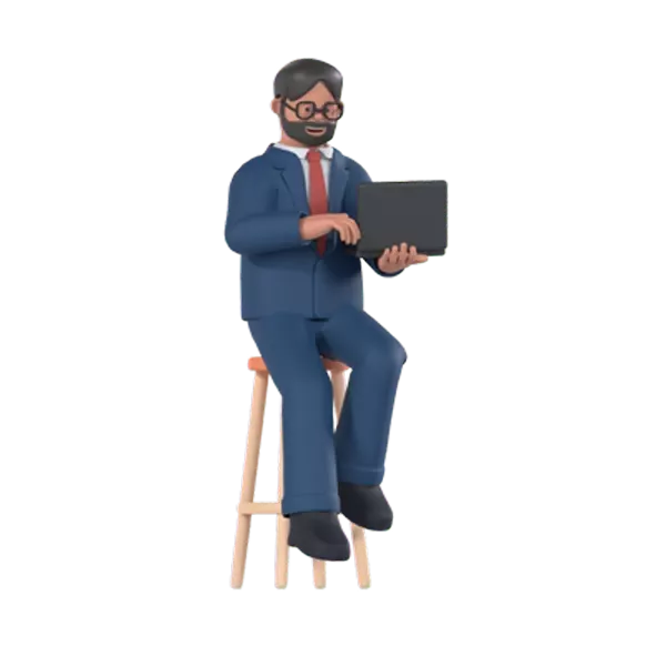 Business Man Sitting on Stool With Laptop 3D Graphic