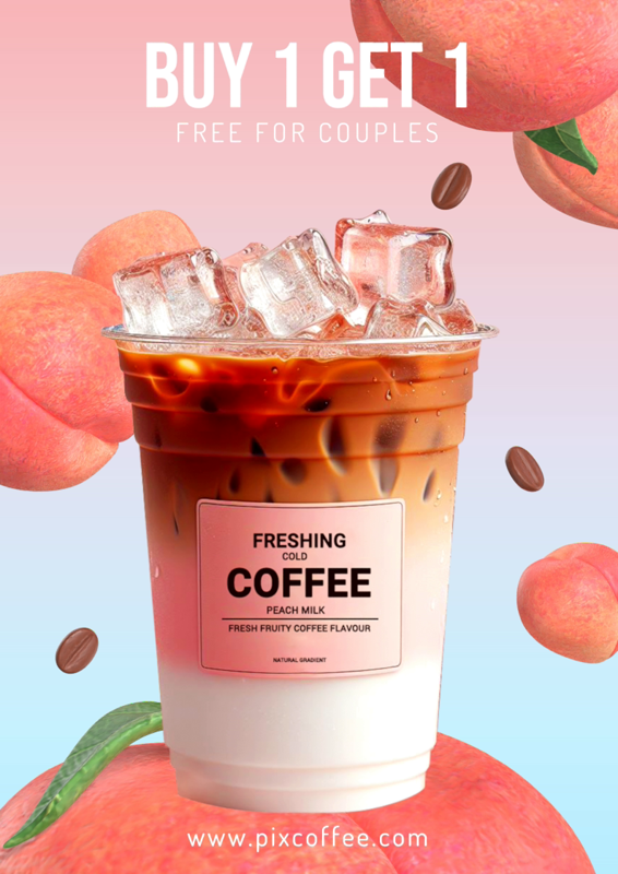 Valentine Day Buy 1 get 1 Coffe Promotion With 3D Peach Fruit And Gradient Color
