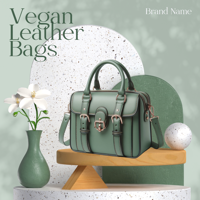 Vegan Leather Bag Elegant Simple Minimal Podium Display With Handbag Leather and Wood Green Stone Elements 3D Template