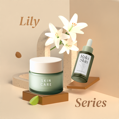 Natural Podium with Illustrations of Lilies and Podiums for Two Products 3D Template 3D Template