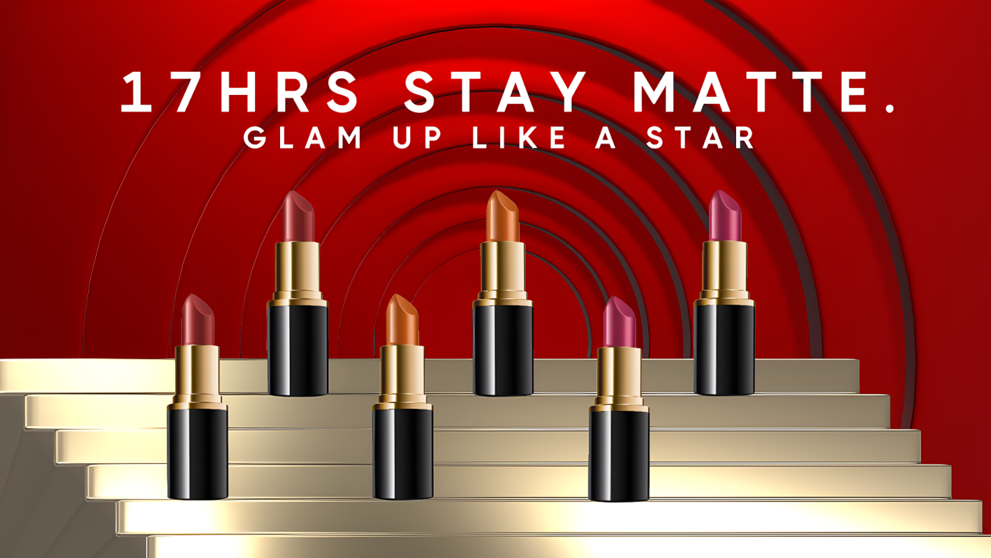 Elegant Gold Stairs Podium Showcase Cosmetics Lipstick Products With Red Background 3D Template