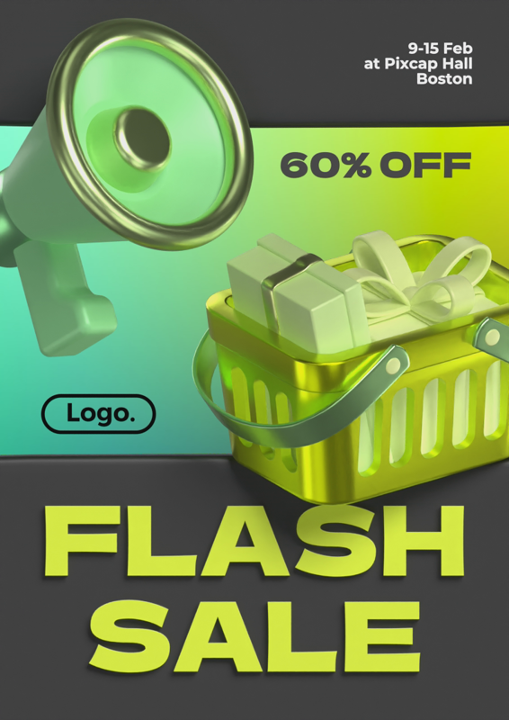 Flash Sale Announcement Poster with Shopping Basket and Megaphone Illustration 3D Poster