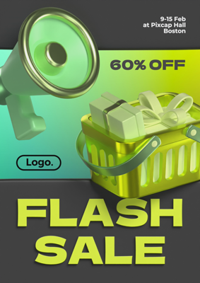Flash Sale Announcement Poster with Shopping Basket and Megaphone Illustration 3D Poster 3D Template