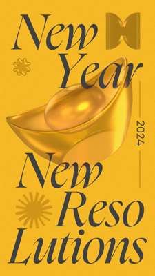 New Year New Resolutions 2024 Poster Yellow and Gold Elements 3D Template