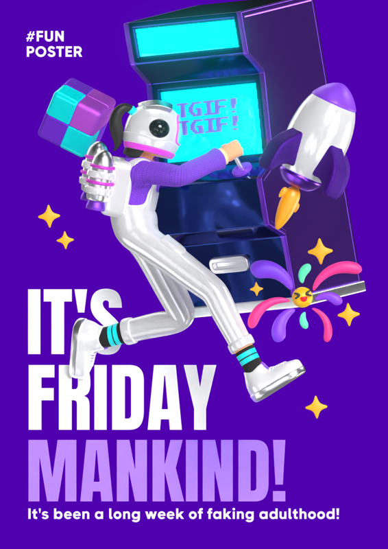 It's Friday Poster With Retro Game Station And Character  3D Template