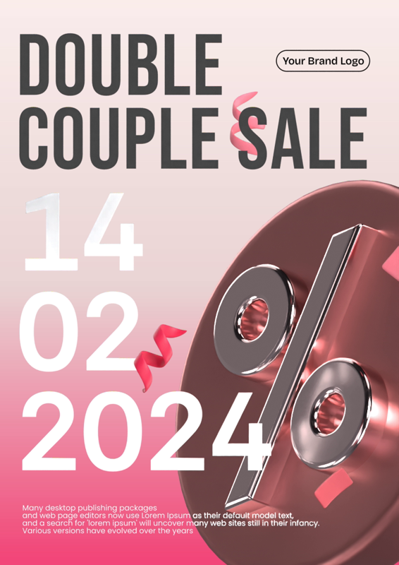 Valentine's Day Couple Double Sale With Big Typography And Metallic Sale Symbol And Confetti Decoration 3D Template
