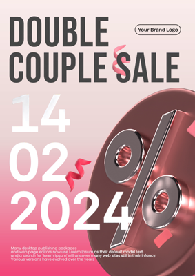 Valentine's Day Couple Double Sale With Big Typography And Metallic Sale Symbol And Confetti Decoration 3D Template 3D Template