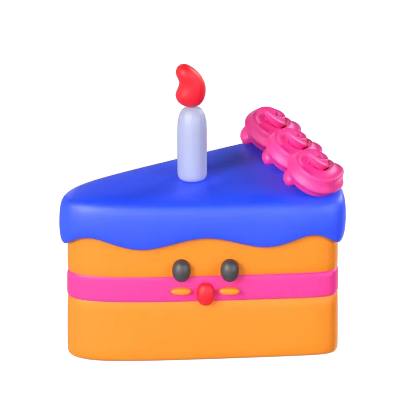 Slice Of Cake 3D Model With Candle & Amazed Face Expression 3D Graphic