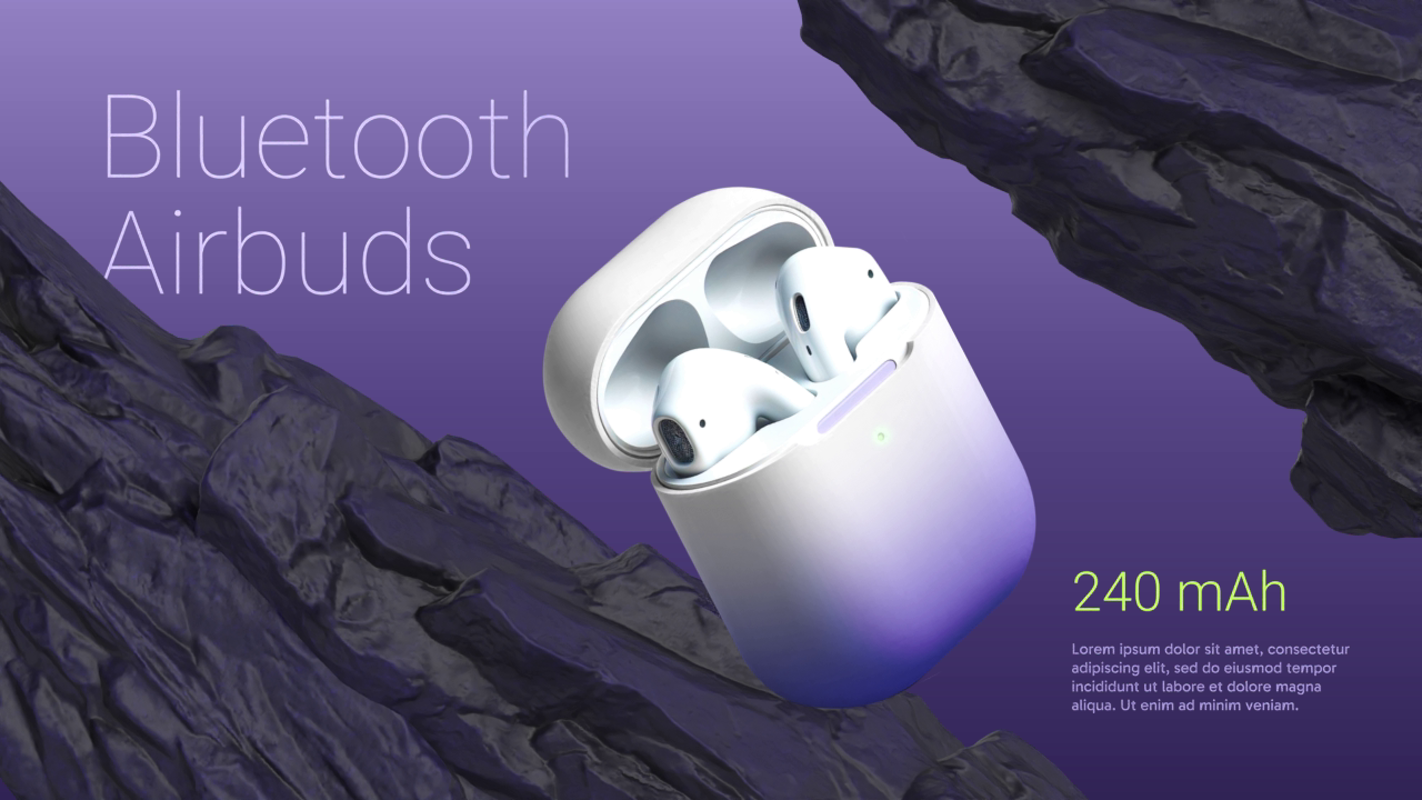 Airbuds Product Display with Stone and Gradient Background 3D Banner