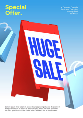 Marketing Ads about Huge Sale with Shopping Bags and Board 3D Poster 3D Template