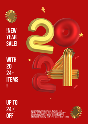New Year Sale Promotion With Big Metallic Red And Gold Numbers 3D Template 3D Template