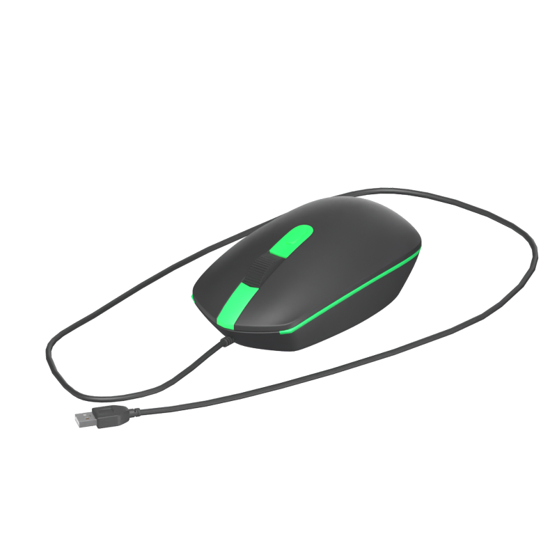 3D Gaming Mouse Model With Green Details And Bent Wire 3D Graphic