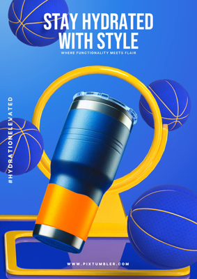 Sporty Blue Yellow Tumbler Poster Promotion With 3D Basket Ball 3D Template