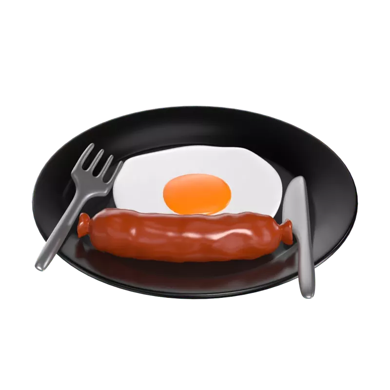 3D Fried Eggs With Sausages On Plate With Fork And Knife 3D Graphic