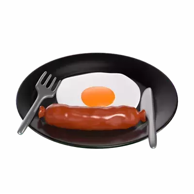 3D Huevos fritos con salchichas en plato con tenedor y cuchillo 3D Graphic