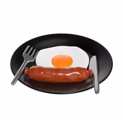 3D Fried Eggs With Sausages On Plate With Fork And Knife 3D Graphic