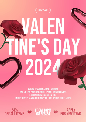 Valentine's Day 2024 Sale Marketing Post Poster With Gradient Pink Background And Red Roses Decoration 3D Template 3D Template
