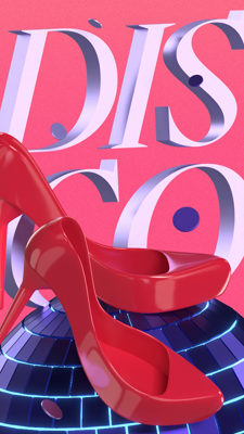 Discotheque Poster With Red High Heels and Purple Discoball 3D Template
