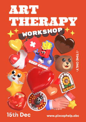 Art Therapy Worshop Poster Design In Cute Art Style With Glossy Decorative Hearts and Retro Stuffs 3D Template