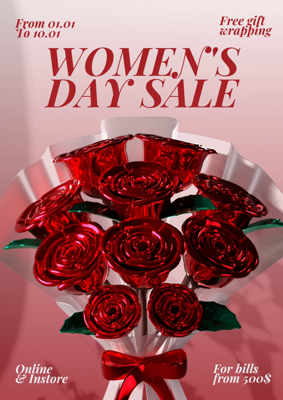 Women's Day Sale With Flower Rose Bouquet Shiny Fancy Red Theme Romantic Marketing Post 3D Template