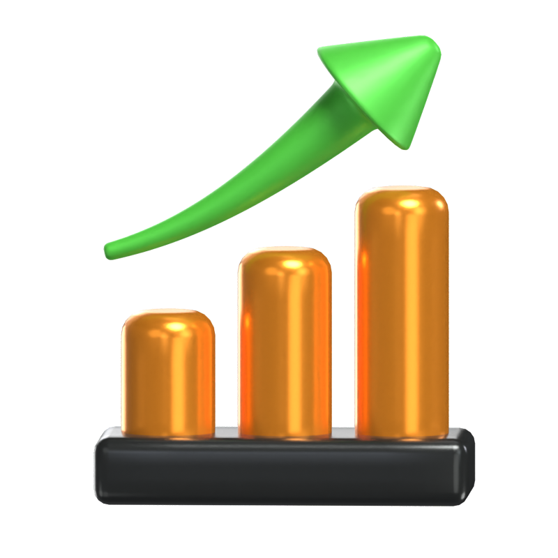 3D Stock Market Model Bar Chart With Green Arrow On Top 3D Graphic
