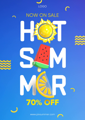 Hot Summer Sale 70% Poster With Sun Watermelon And SlicedOrange 3D Template
