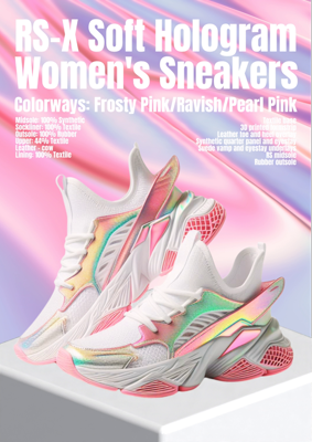 Holographic Shoes On A White Podium Behind Is Abstract Pink Irisdescent Background 3D Template