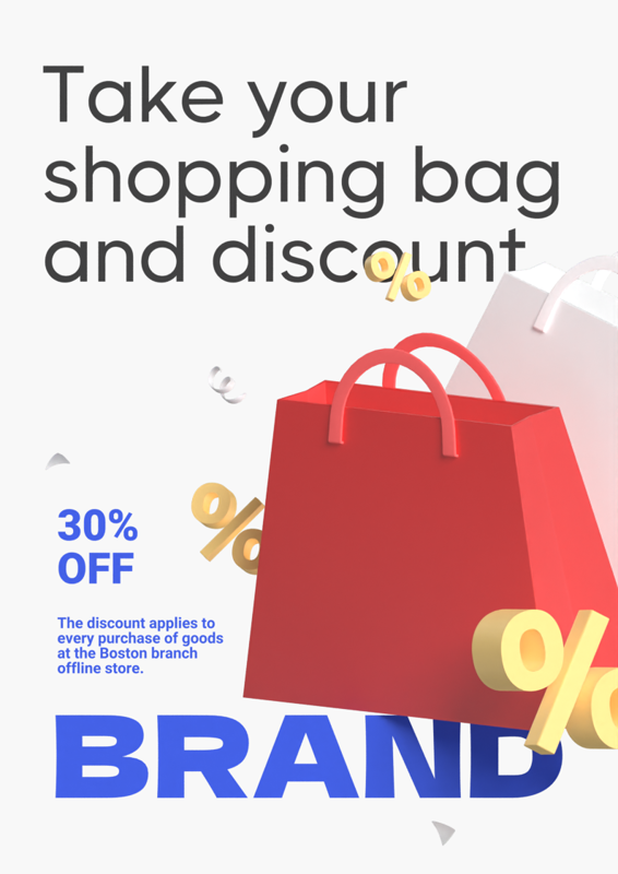 3D Marketing Flyer with Shopping Bags, Percentage and Confetti Illustration