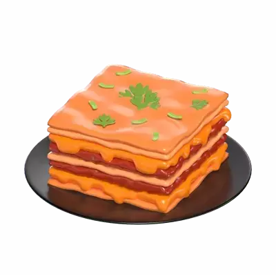 3D Lasagna Slice On A Black Plate With Celery Leaves On Top 3D Graphic