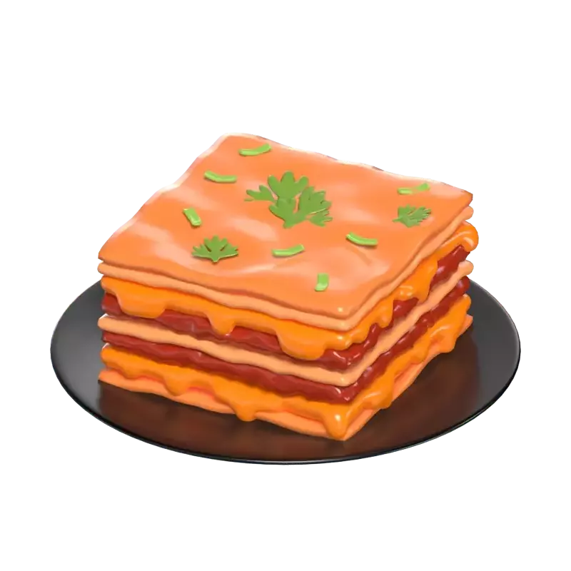 3D Lasagne-Scheibe auf einem schwarzen Teller mit Sellerieblättern oben drauf 3D Graphic