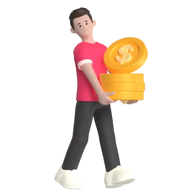 Boy Holding Up Dollar Coins 3D Illustration