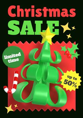Christmas Sale Poster With Cute Pine Tree & Flat Labels  3D Template