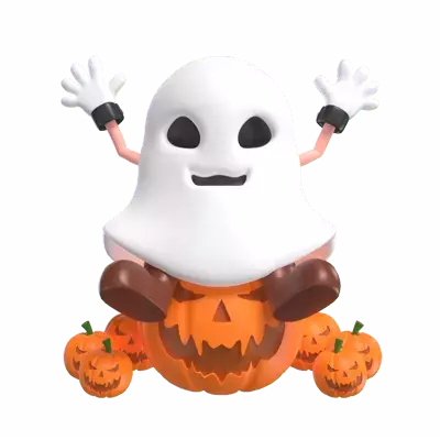Halloween Ghost Sitting On Pumpkin 3D Graphic
