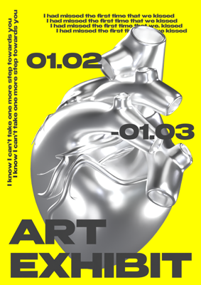 Art Exhibition Event Metallic Heart Y2K With Song Lyrics Poster 3D Template