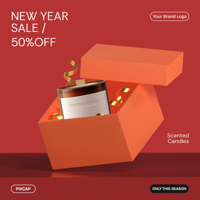 Happy New Year Podium With Orange Box Gold Confetti And Lucky Red Background 3D Template 3D Template