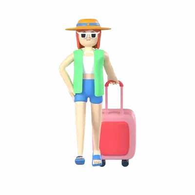 Girl Pulling Suitcase 3D Illustration