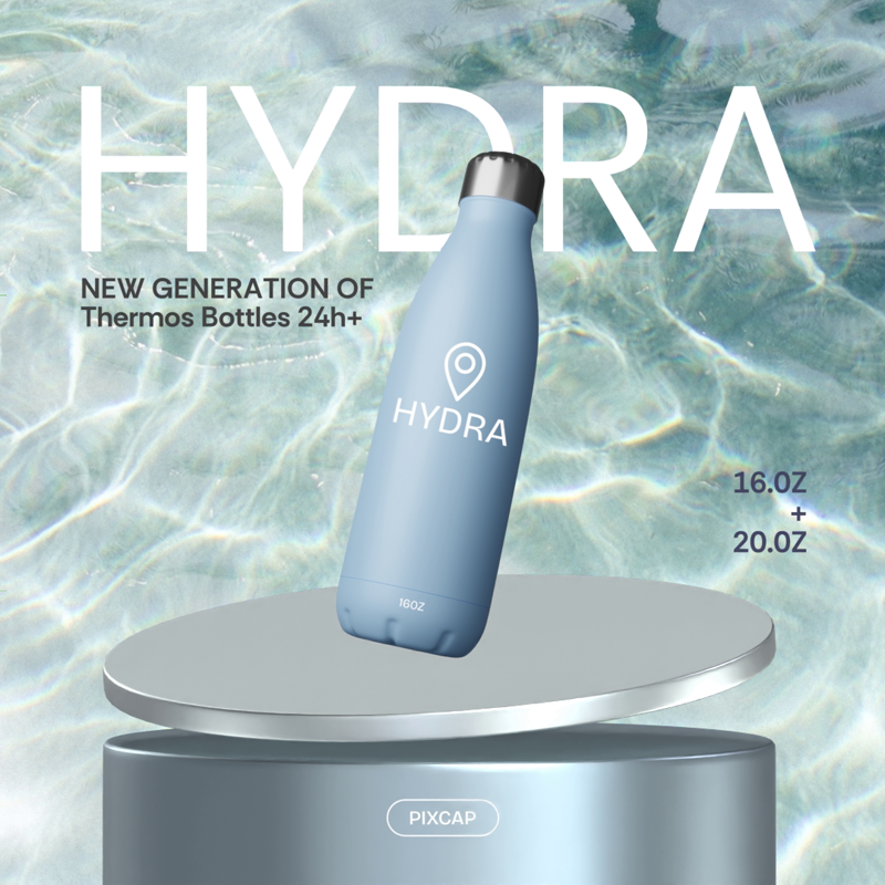 Blue Silver Metallic Podium Hydra Bottle With Ocean Waving Background 3D Template