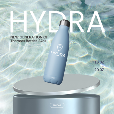 Blue Silver Metallic Podium Hydra Bottle With Ocean Waving Background 3D Template 3D Template