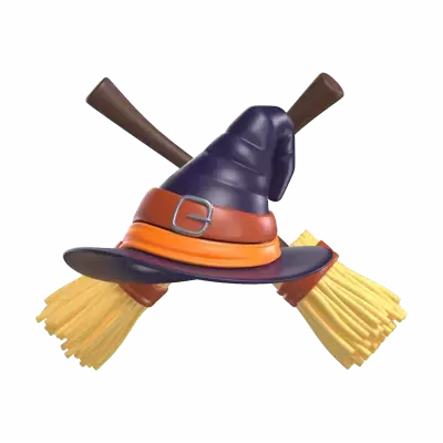 Witch Hat and Broom Stick 3D Graphic