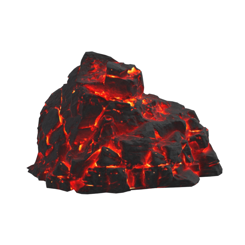 Modelo 3D de rocha vulcânica grande com fluxo de lava brilhando