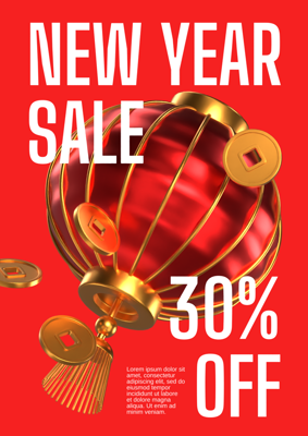 New Year Sale Announcement with Coins and Lantern Light Illustration 3D Poster 3D Template