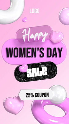 Happy Women Day Coupon 3D Shapes Black Pink Vibes 3D Template
