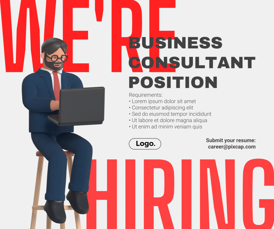 Simple Job Opportunity Announcement for Business Consultant with A Man Sitting on The Chair 2D Banner 3D Template