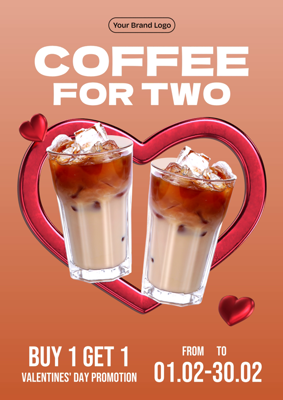 Valentine's Day Deal Coffee For Two Marketing Post With Hearts Decorate And Gradient Background 3D Template 3D Template