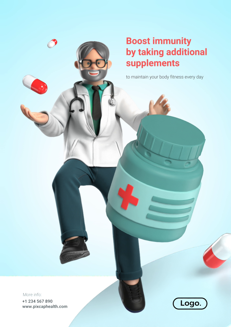 3D Poster for Supplement Product for Boosting The Immunity with Capsule Jar, Doctor and Capsules 3D Template