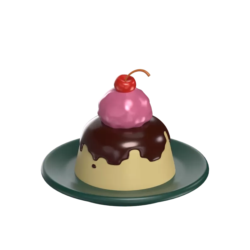 3D Pudding On Plate With Caramel And Strawberry Ice Cream On Top And Cherry