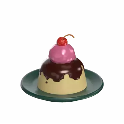 3D Pudding On Plate With Caramel And Strawberry Ice Cream On Top And Cherry 3D Graphic