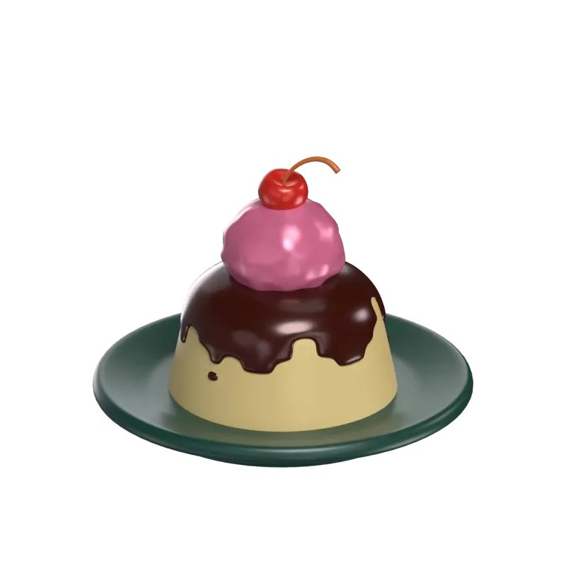 3D Pudding On Plate With Caramel And Strawberry Ice Cream On Top And Cherry 3D Graphic