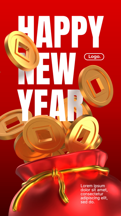 3D Happy Lunar New Year Card Featuring Golden Coin Bag In Red Background