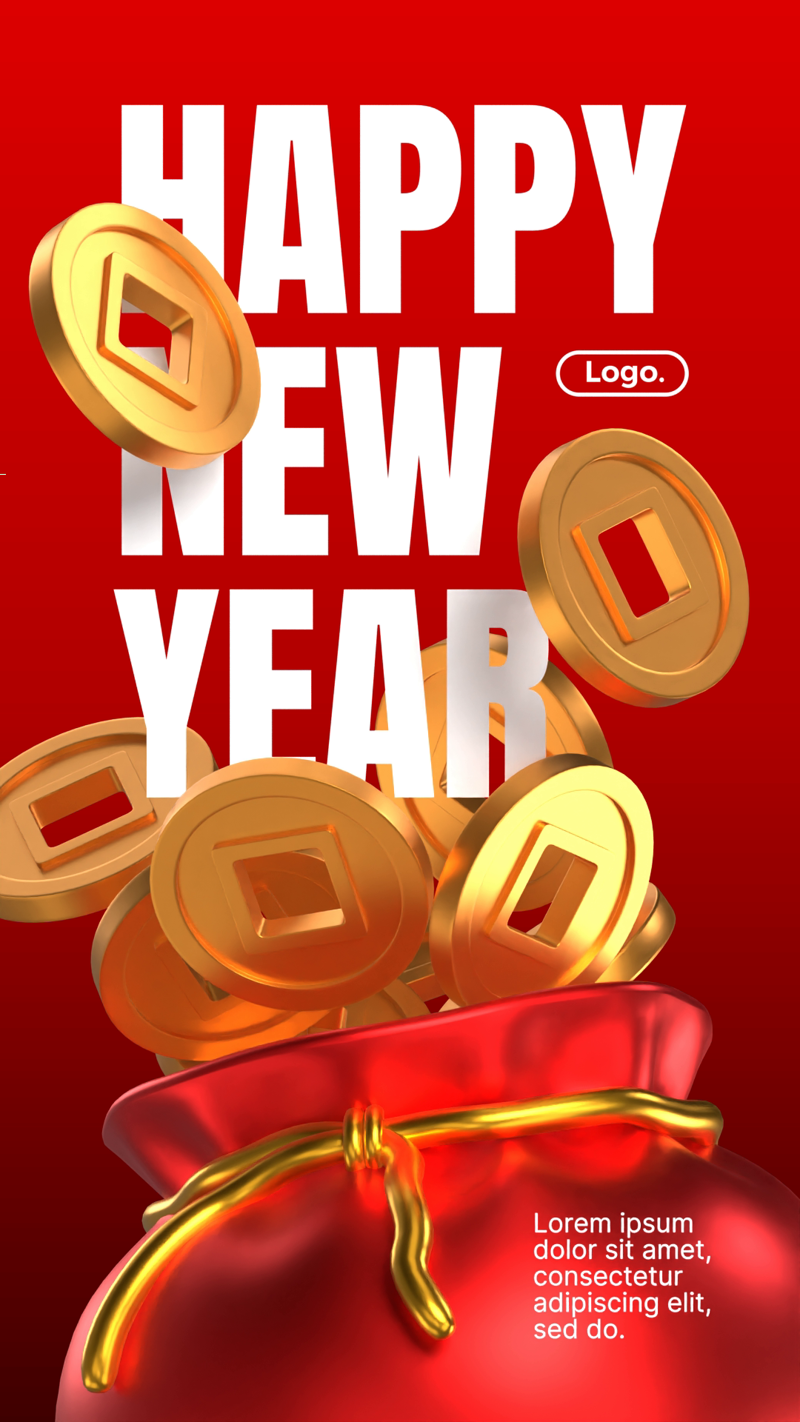 3D Happy Lunar New Year Card Featuring Golden Coin Bag In Red Background 3D Template